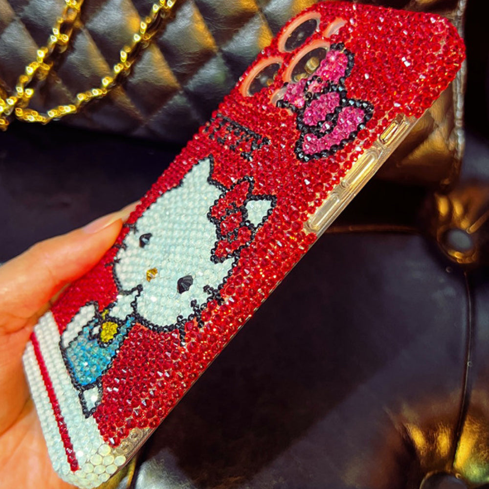 Handgemachte iPhone Hülle Luxus Bling Strass Niedlich Hello Kitty mit Schleife