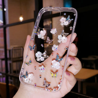 Handgemachte iPhone Hülle Minimalistisch Schmetterling und Blumen Strass Hülle