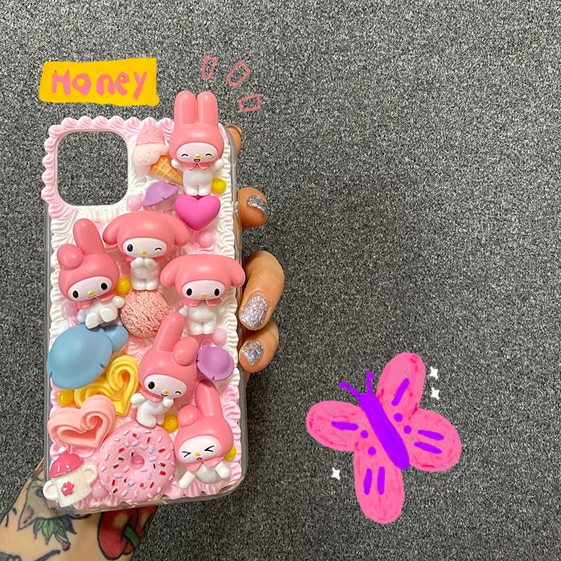 Handgemachte iPhone Hülle Süße Cartoon Kuromi My Melody Decoden Creme Kleber Hülle