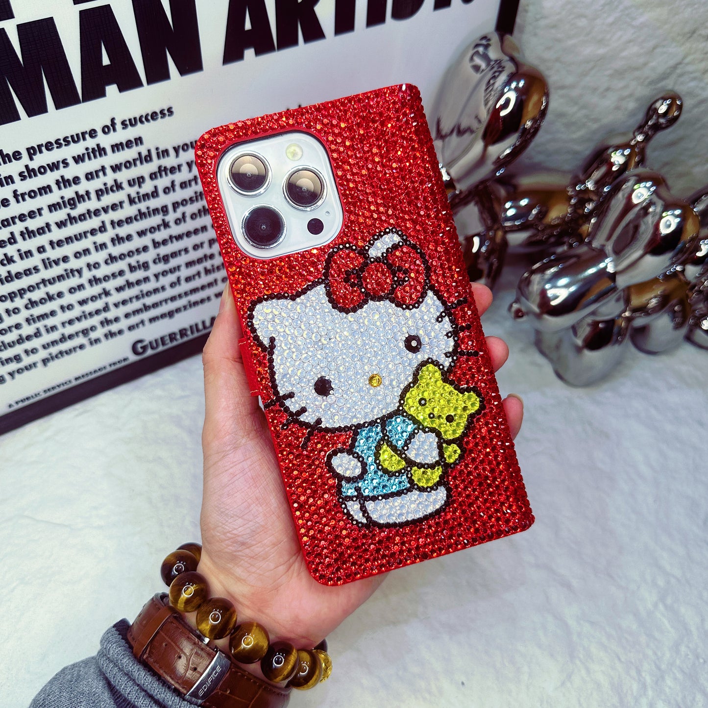 Handgemachte iPhone Hülle Luxus Bling Strass Niedlich Hello Kitty Portemonnaie Hülle