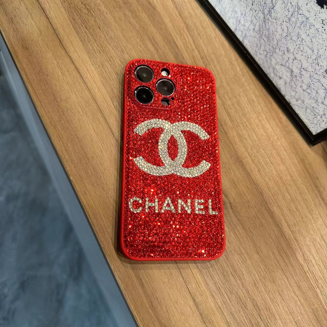 Handgemachte iPhone Hülle Luxus Bling Rot Strass Monogramm Muster Rückenhülle
