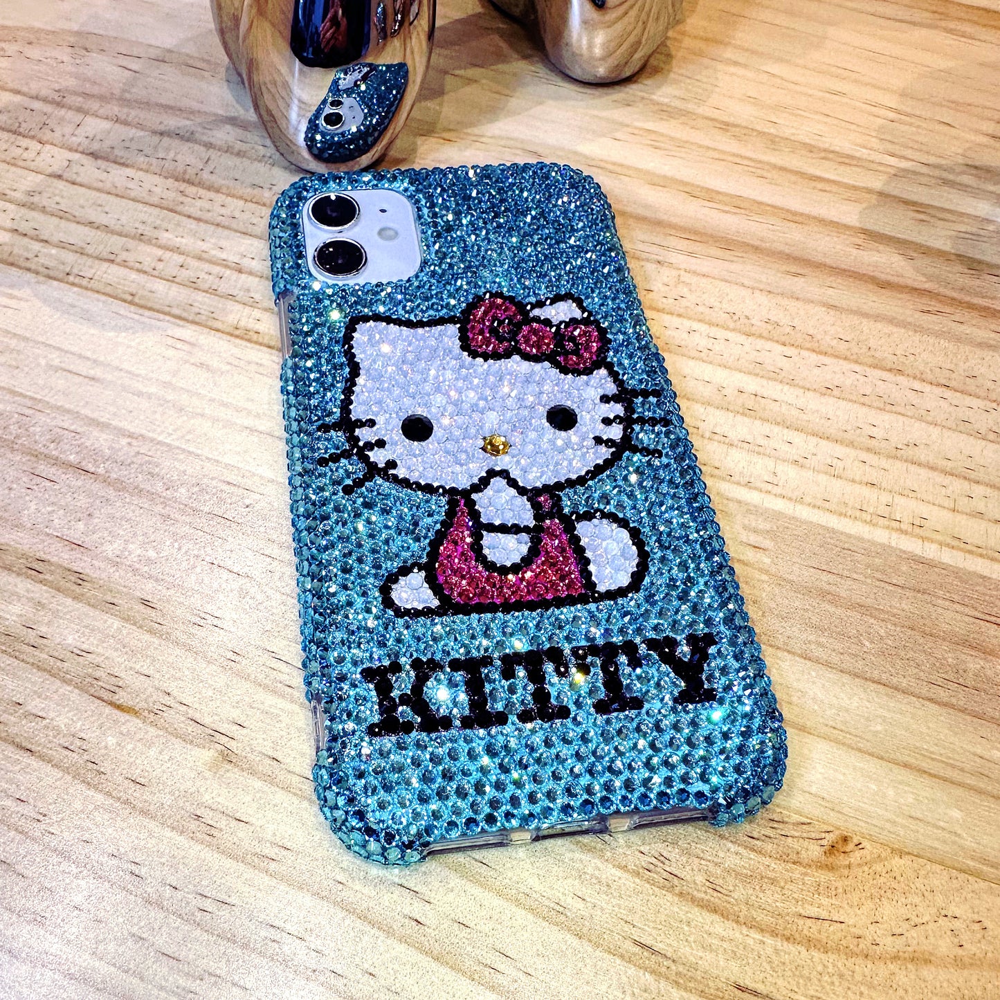 Handmade Phone Case Luxury Bling Blue Rhinestone Cute Hello Kitty Case