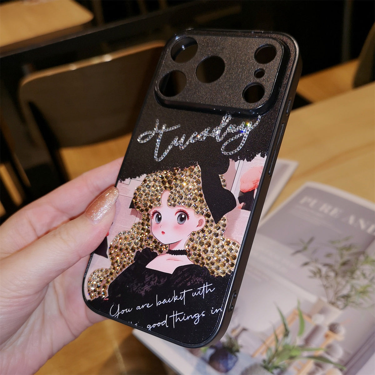 Handmade Minimalism Gold Rhinestone Anime Girl Case For iPhone