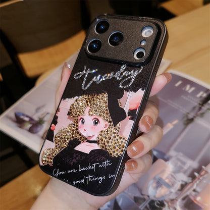 Handmade Minimalism Gold Rhinestone Anime Girl Case For iPhone