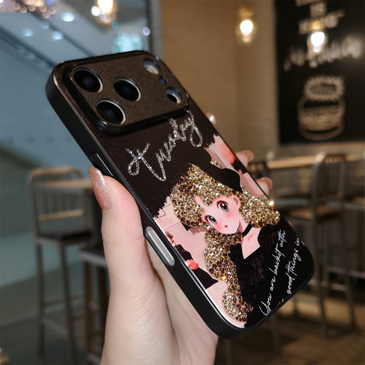 Handmade Minimalism Gold Rhinestone Anime Girl Case For iPhone