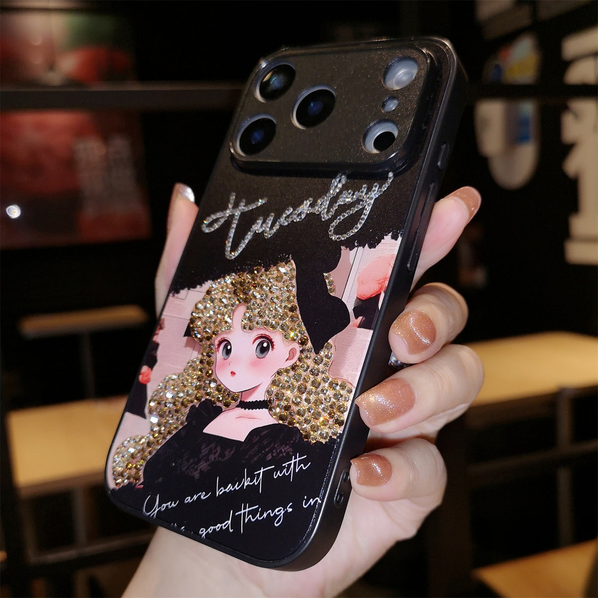 Handmade Minimalism Gold Rhinestone Anime Girl Case For iPhone