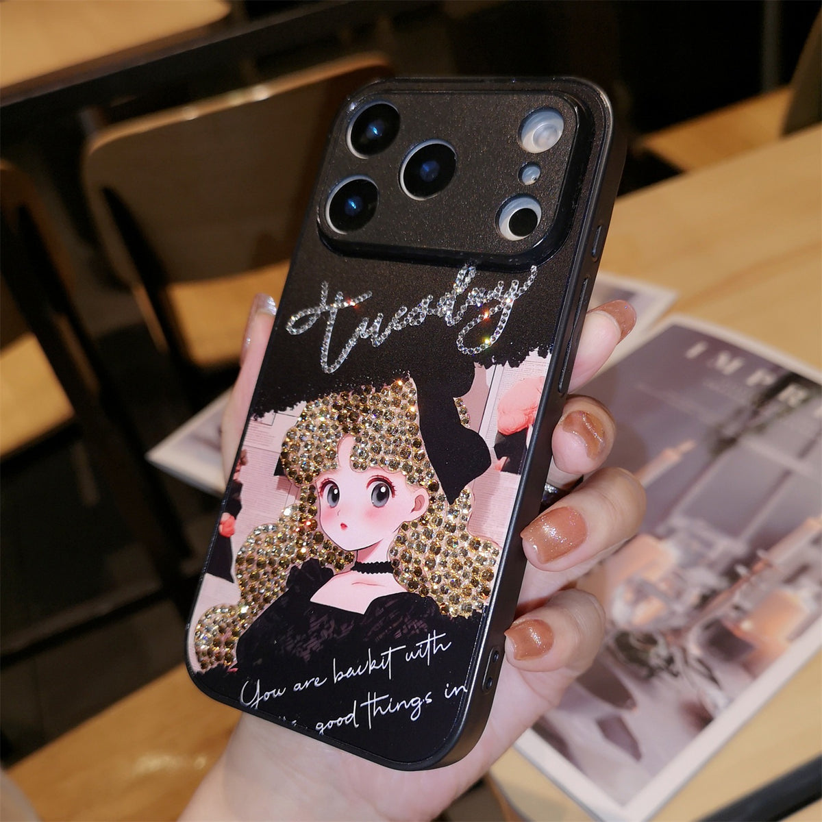 Handmade Minimalism Gold Rhinestone Anime Girl Case For iPhone