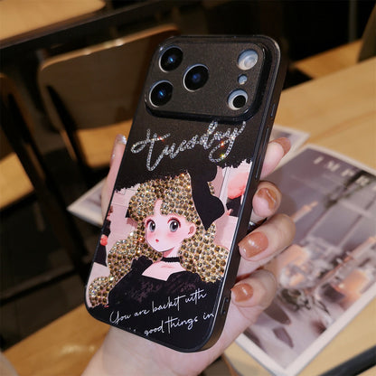 Handmade Minimalism Gold Rhinestone Anime Girl Case For iPhone