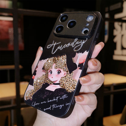 Handmade Minimalism Gold Rhinestone Anime Girl Case For iPhone