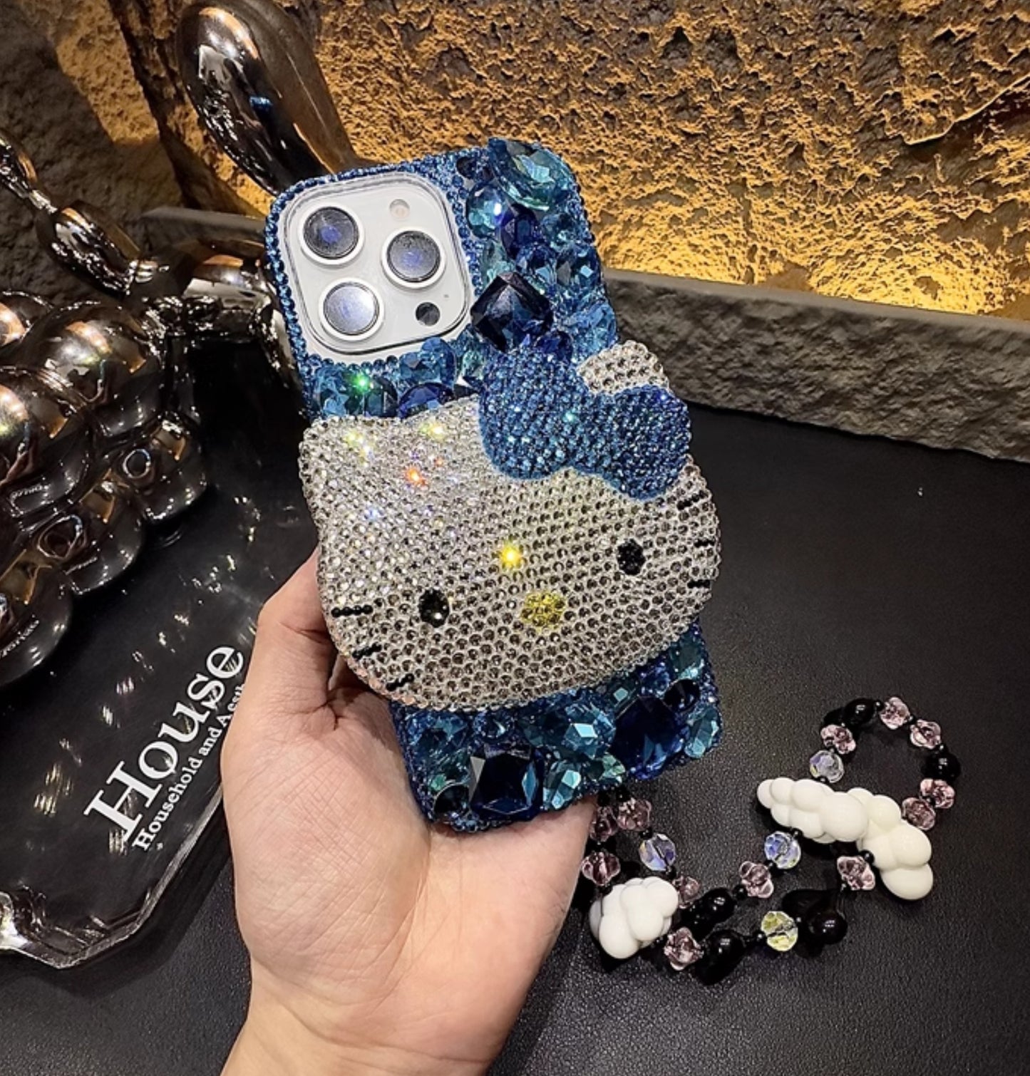 3D Hello Kitty Gorgeous Bling Blue Gem For iPhone Samsung Case