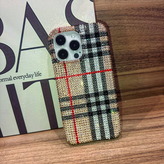 Funda hecha a mano para iPhone de lujo con pedrería brillante diseño clásico a cuadros