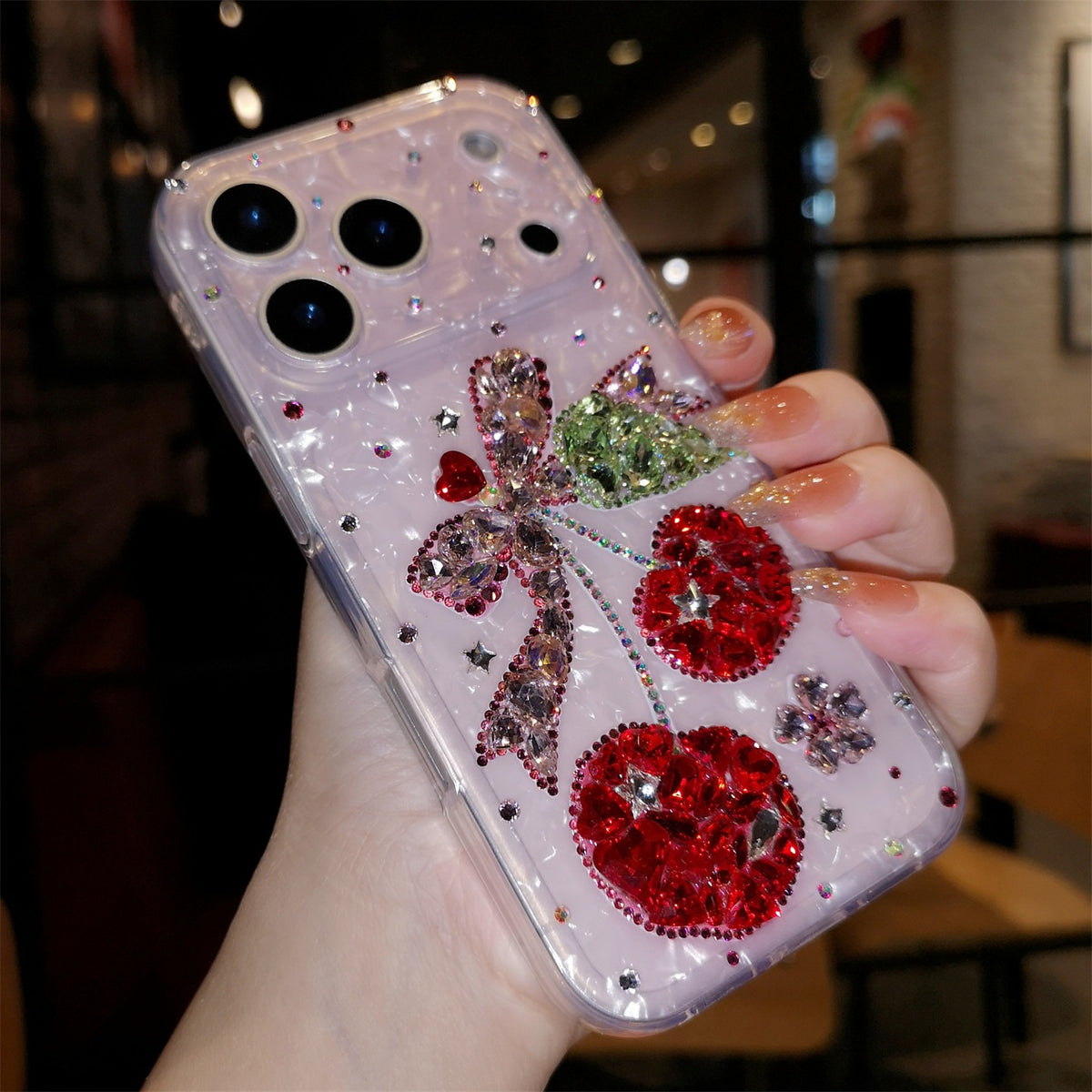 Handmade Minimalist Red Bling Crystals with Cherry For iPhone Case