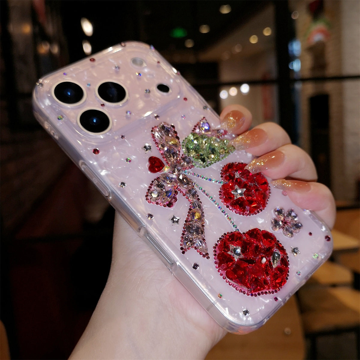 Handmade Minimalist Red Bling Crystals with Cherry For iPhone Case