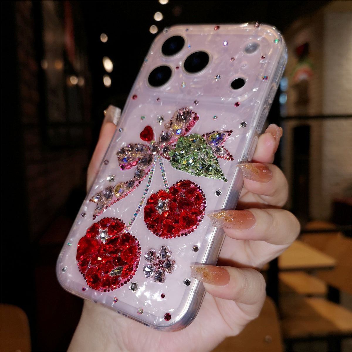 Handmade Minimalist Red Bling Crystals with Cherry For iPhone Case