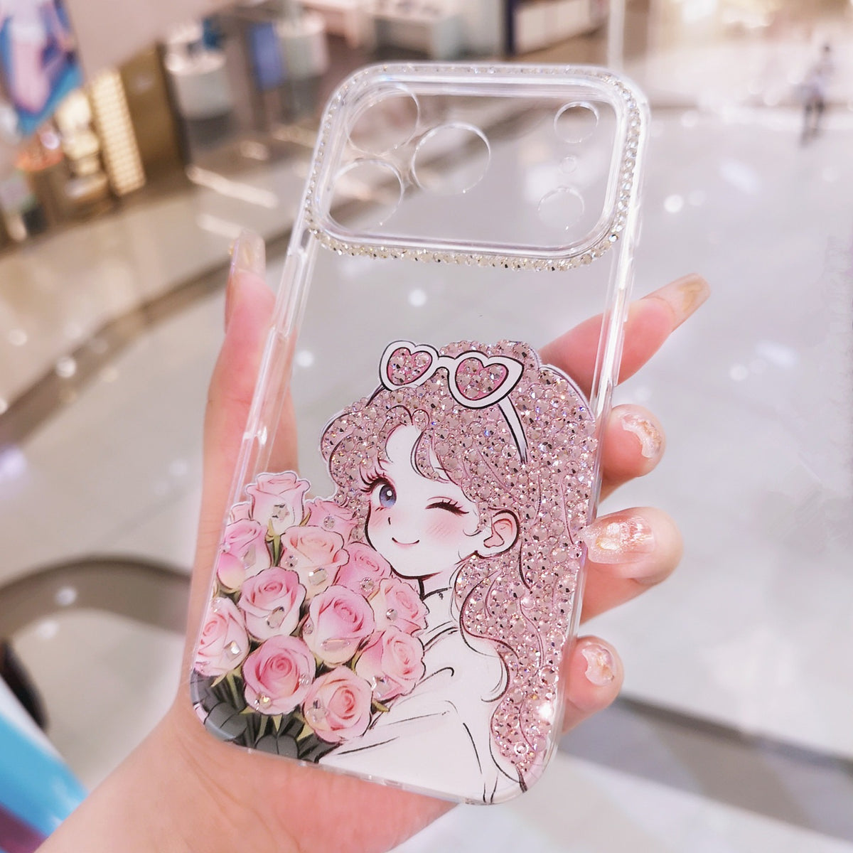 Handmade Minimalism Pink Rhinestone Anime Girl Case For iPhone