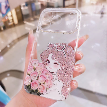 Handmade Minimalism Pink Rhinestone Anime Girl Case For iPhone