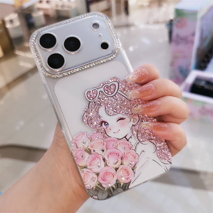 Handmade Minimalism Pink Rhinestone Anime Girl Case For iPhone
