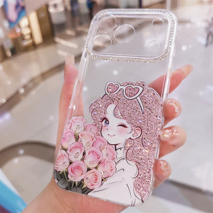 Handmade Minimalism Pink Rhinestone Anime Girl Case For iPhone