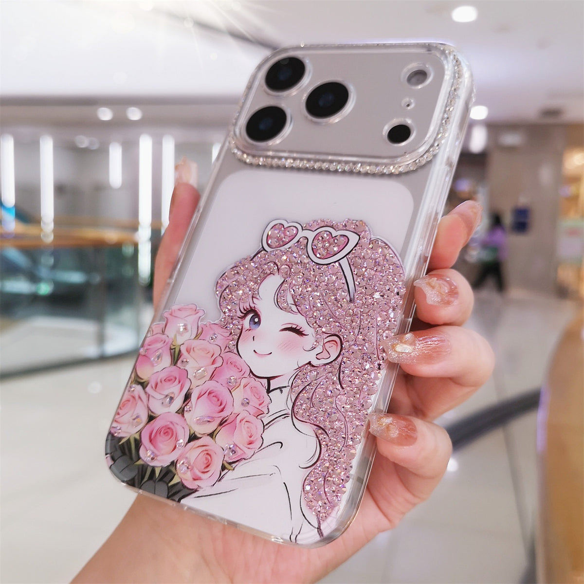 Handmade Minimalism Pink Rhinestone Anime Girl Case For iPhone