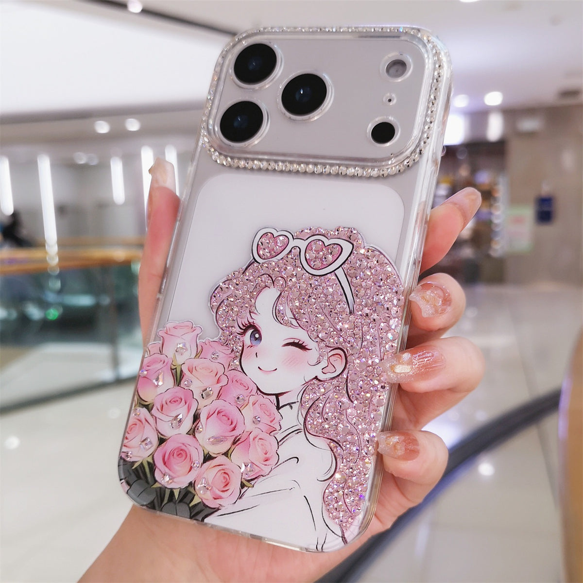 Handmade Minimalism Pink Rhinestone Anime Girl Case For iPhone