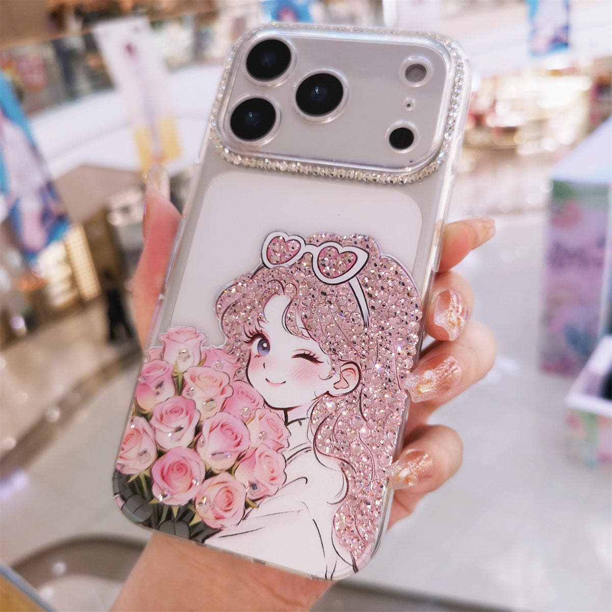 Handmade Minimalism Pink Rhinestone Anime Girl Case For iPhone