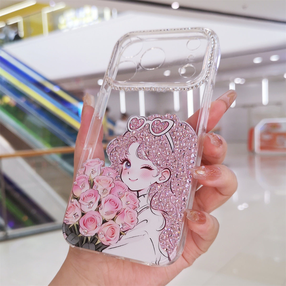 Handmade Minimalism Pink Rhinestone Anime Girl Case For iPhone