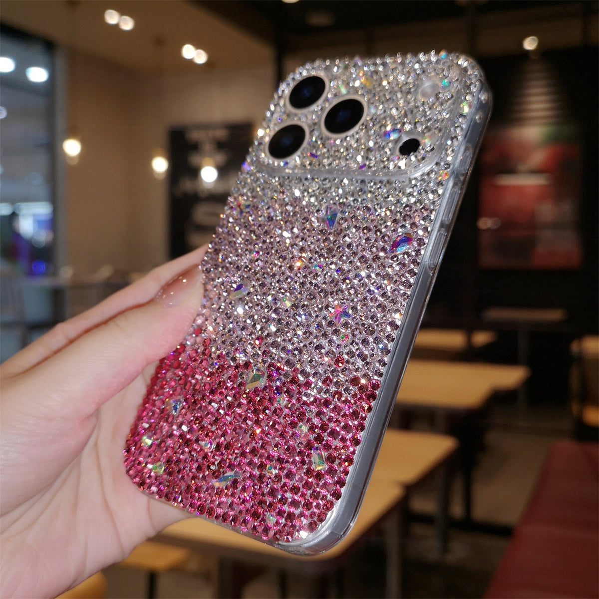Funda Hecha a Mano para iPhone Samsung Preciosa con Brillo Degradado Rosa de Diamantes de Imitación