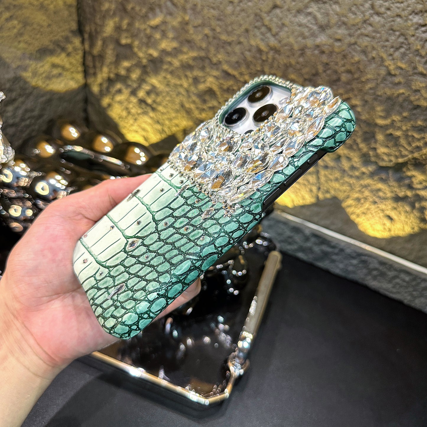 Handmade Bling Rhinestone Crocodile Phone Case Fits All iPhone Models