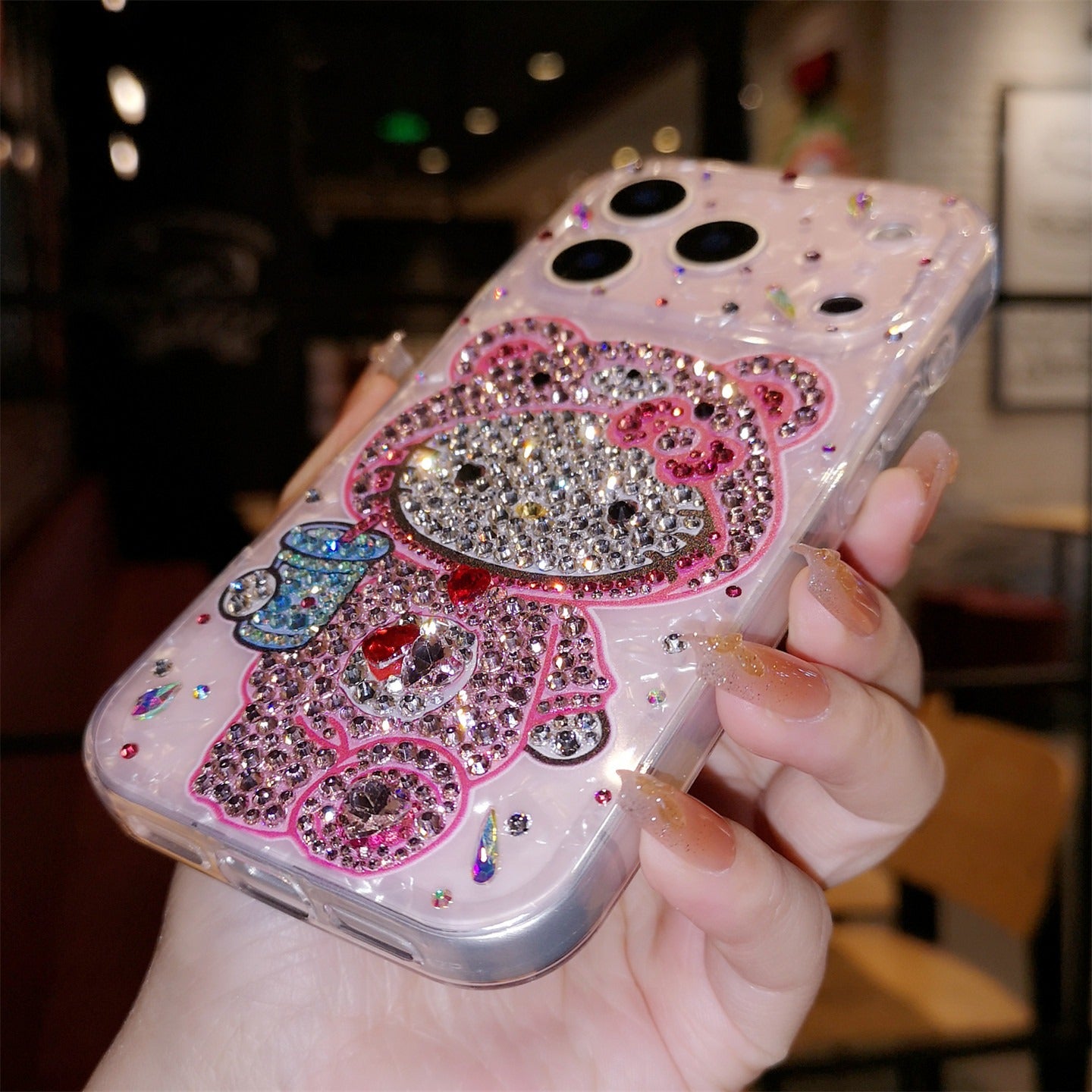 手作りiPhoneケース ラグジュアリー キラキラ オパールラインストーン かわいいハローキティケース