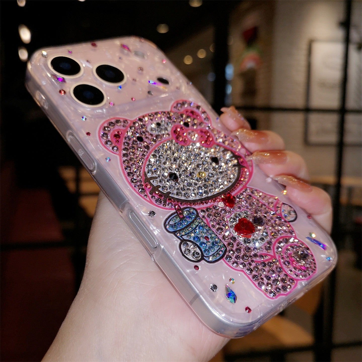 手作りiPhoneケース ラグジュアリー キラキラ オパールラインストーン かわいいハローキティケース