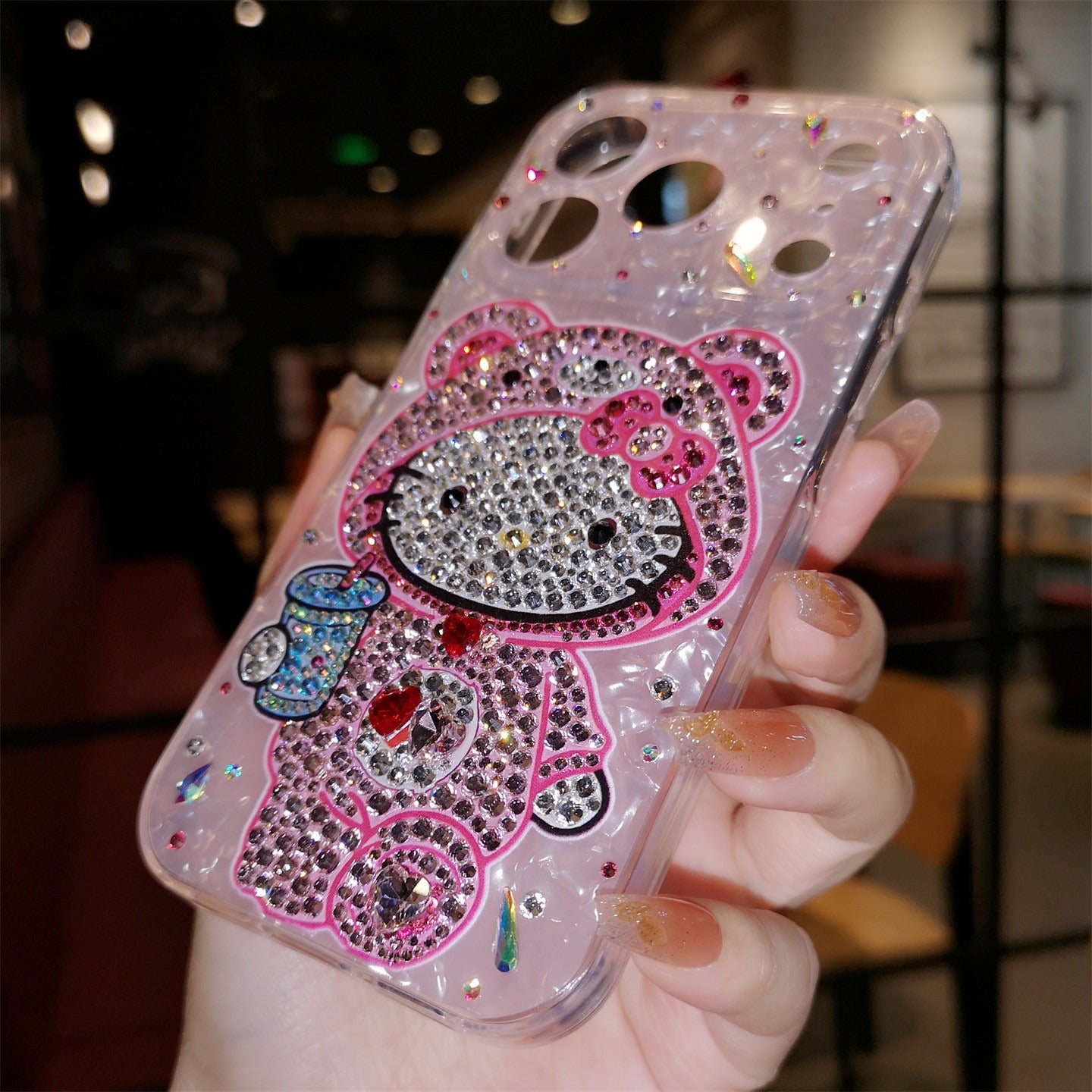 手作りiPhoneケース ラグジュアリー キラキラ オパールラインストーン かわいいハローキティケース