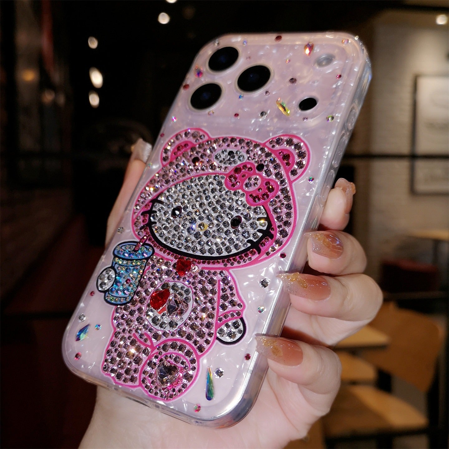 手作りiPhoneケース ラグジュアリー キラキラ オパールラインストーン かわいいハローキティケース