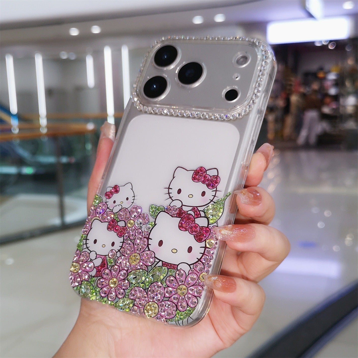 Handmade Minimalism Rhinestone Cute Hello Kitty with Flowers iPhone Case
