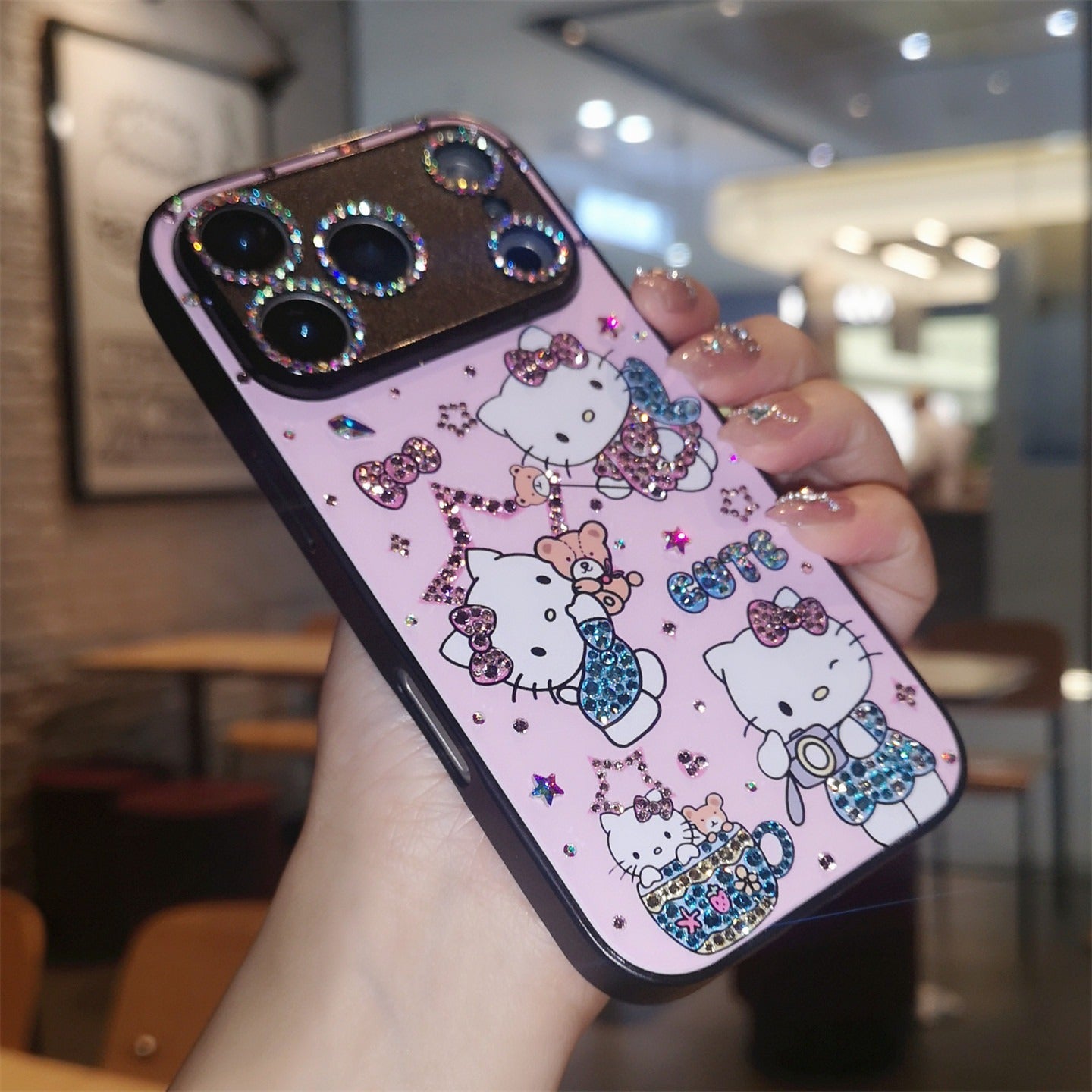 手作りiPhoneケース ラグジュアリー キラキラ オパールラインストーン かわいいハローキティケース