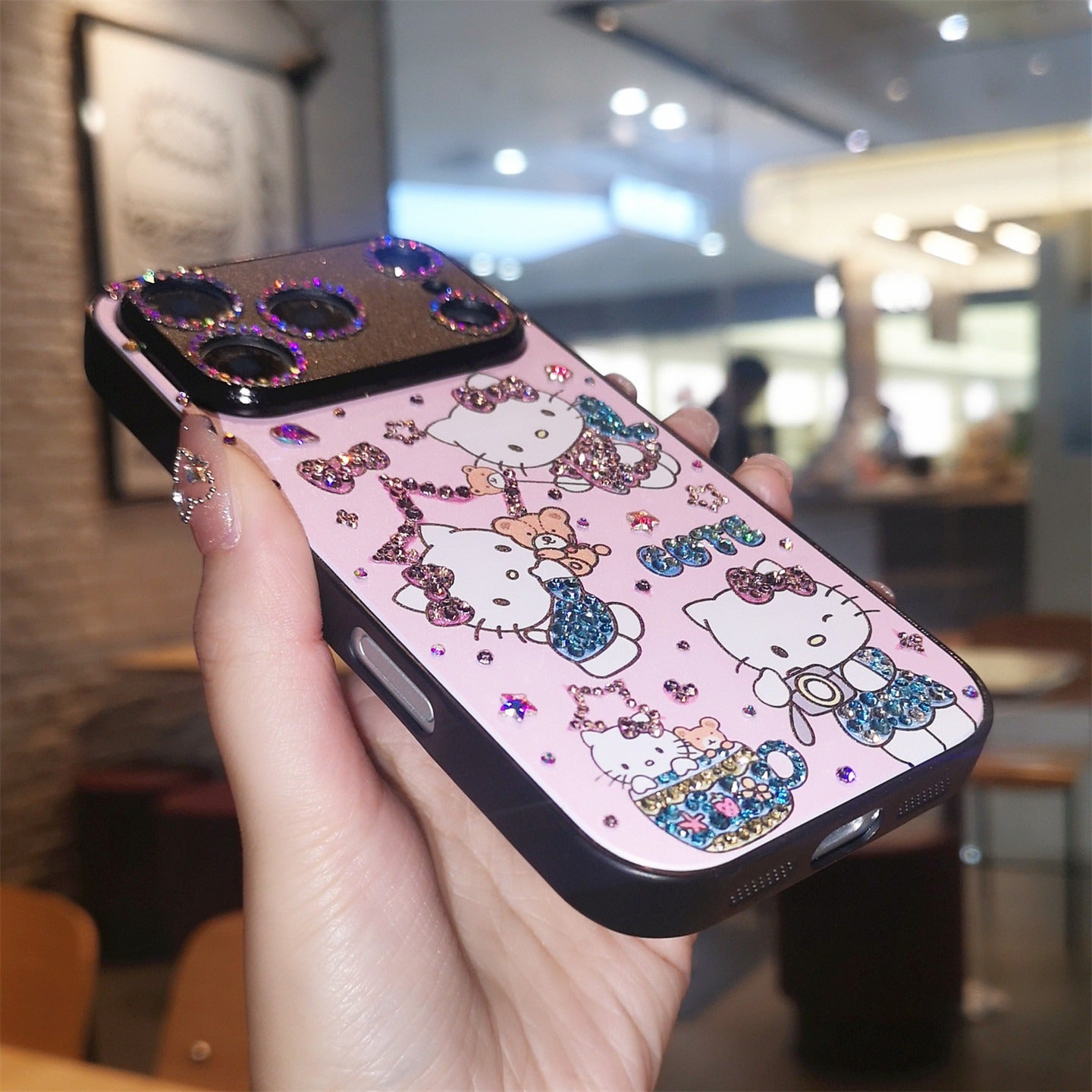 手作りiPhoneケース ラグジュアリー キラキラ オパールラインストーン かわいいハローキティケース