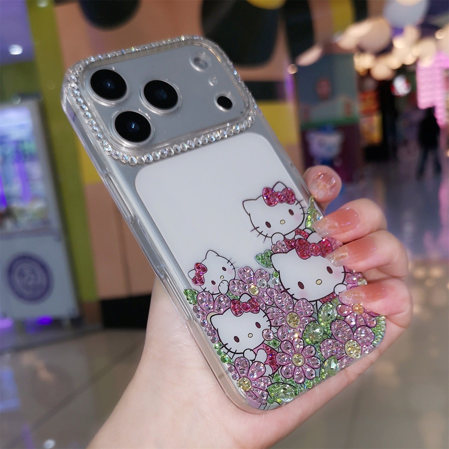 Handmade Minimalism Rhinestone Cute Hello Kitty with Flowers iPhone Case