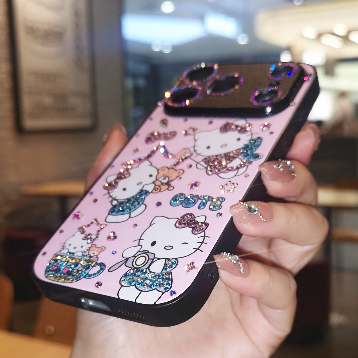手作りiPhoneケース ラグジュアリー キラキラ オパールラインストーン かわいいハローキティケース