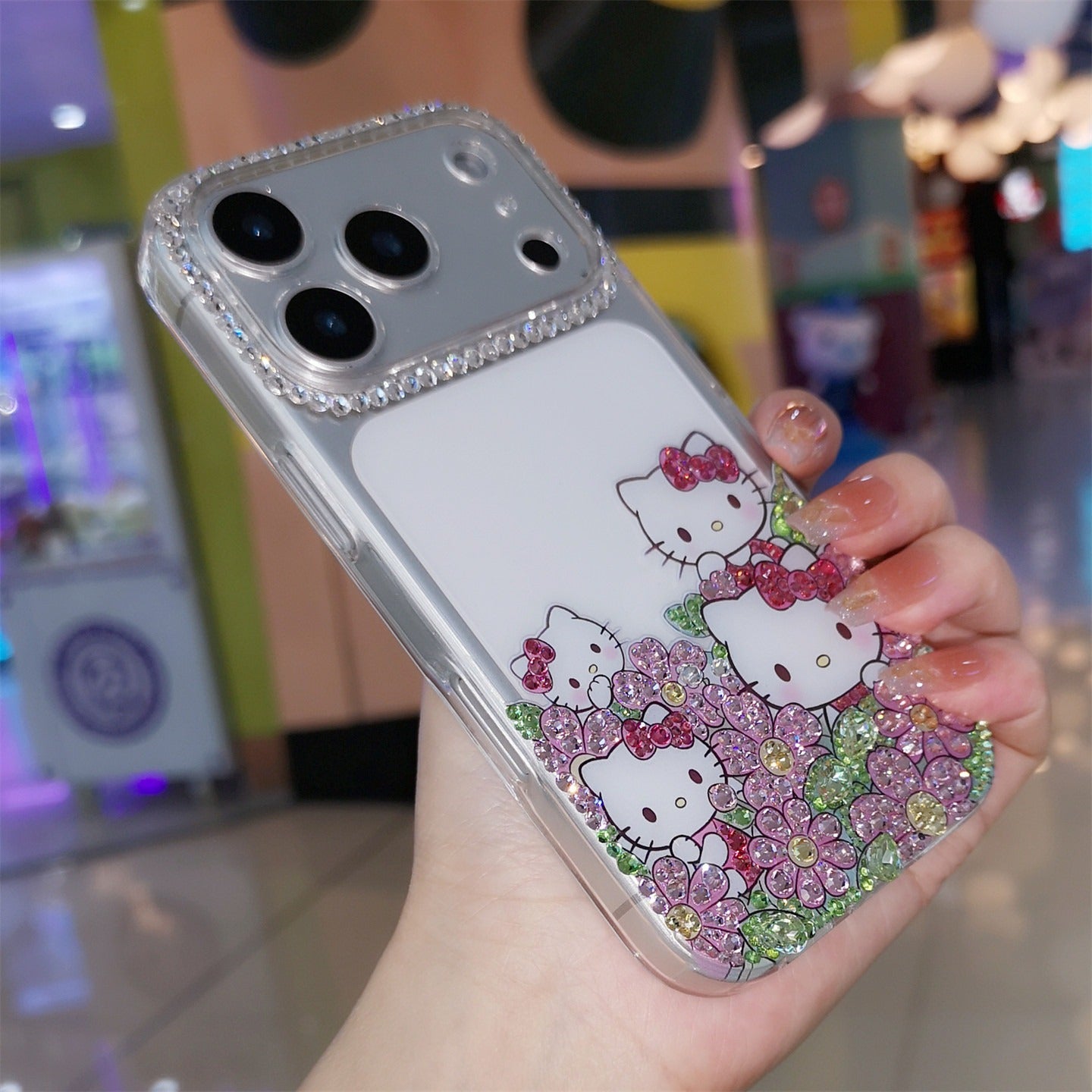 Handmade Minimalism Rhinestone Cute Hello Kitty with Flowers iPhone Case