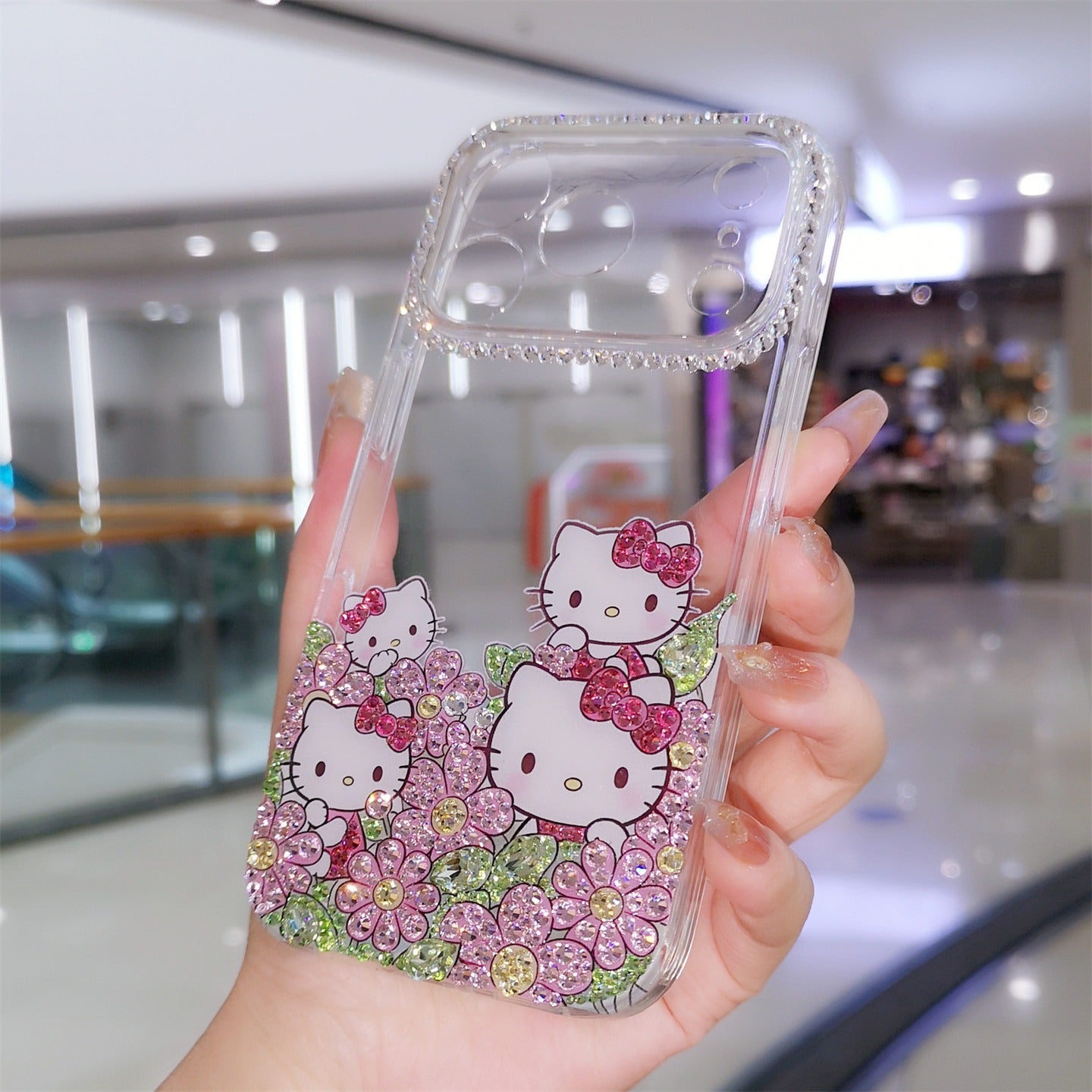 Handmade Minimalism Rhinestone Cute Hello Kitty with Flowers iPhone Case