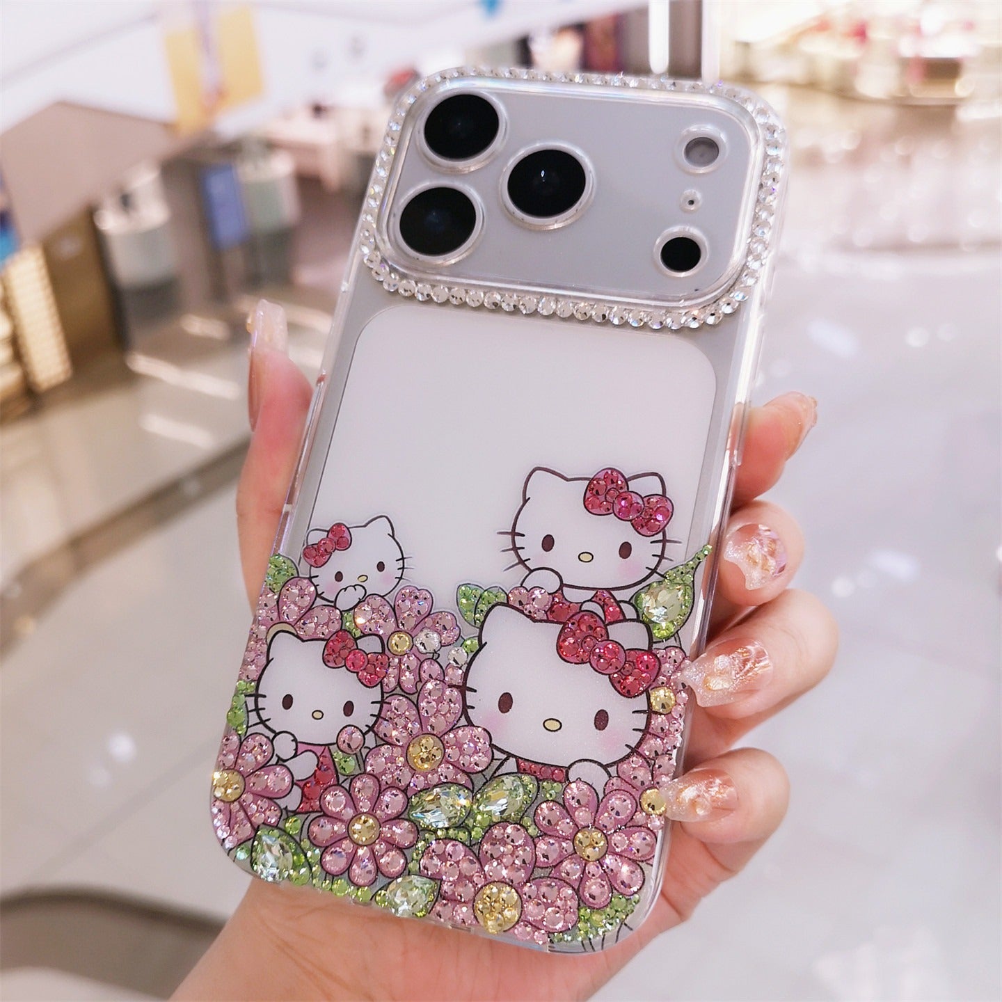 Handmade Minimalism Rhinestone Cute Hello Kitty with Flowers iPhone Case