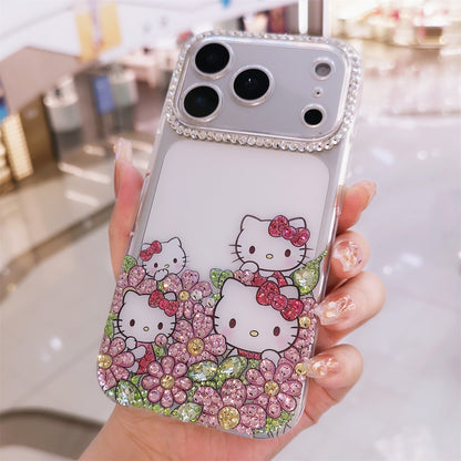 Handmade Minimalism Rhinestone Cute Hello Kitty with Flowers iPhone Case