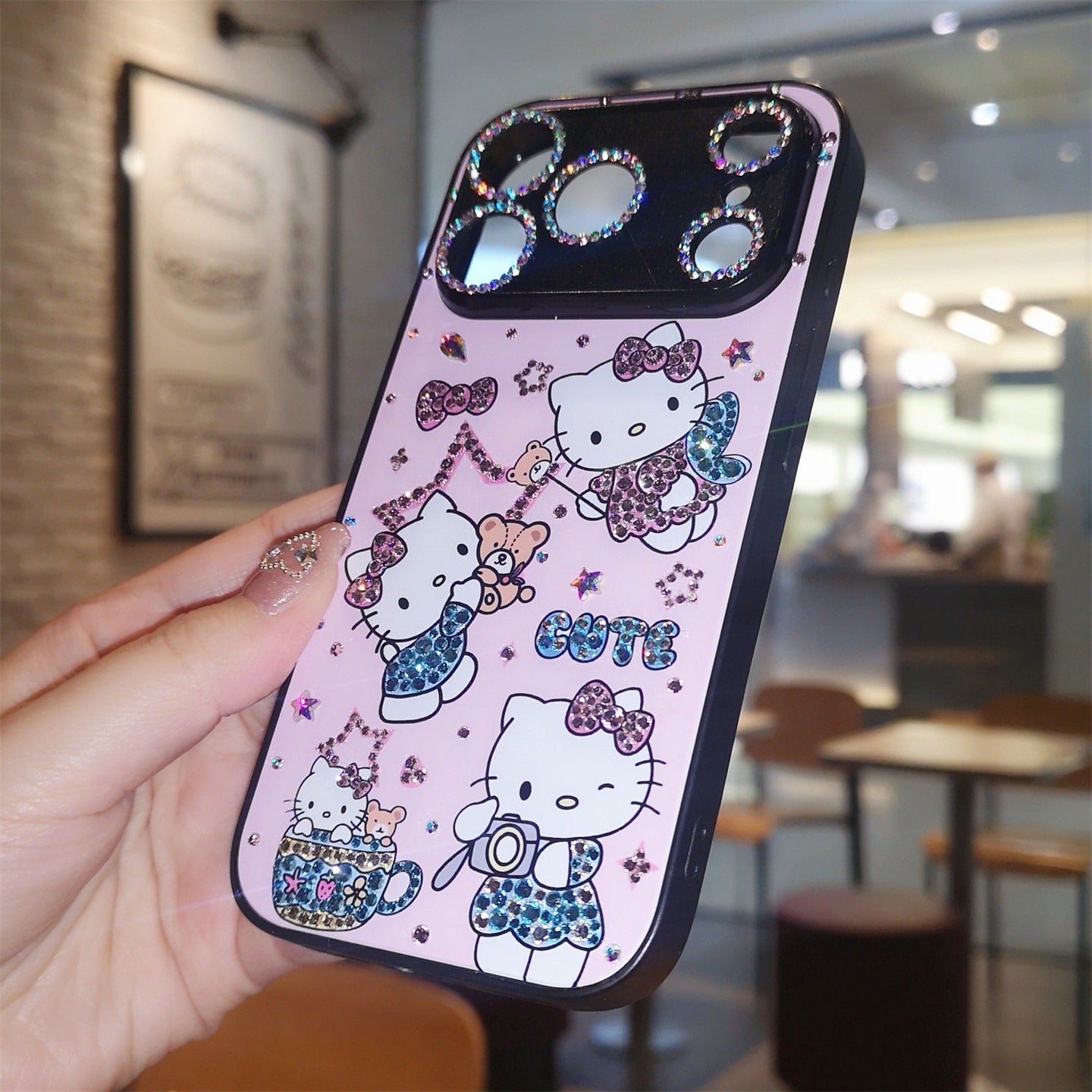 手作りiPhoneケース ラグジュアリー キラキラ オパールラインストーン かわいいハローキティケース