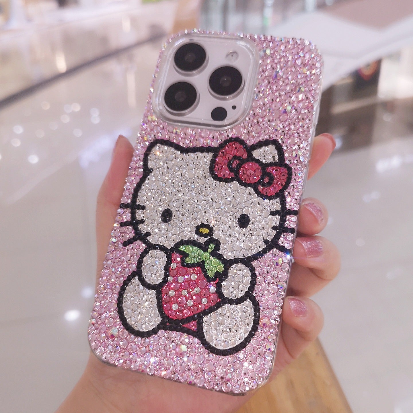Handmade Gorgeous Bling Rhinestone iPhone Case Hello Kitty with Strawberry