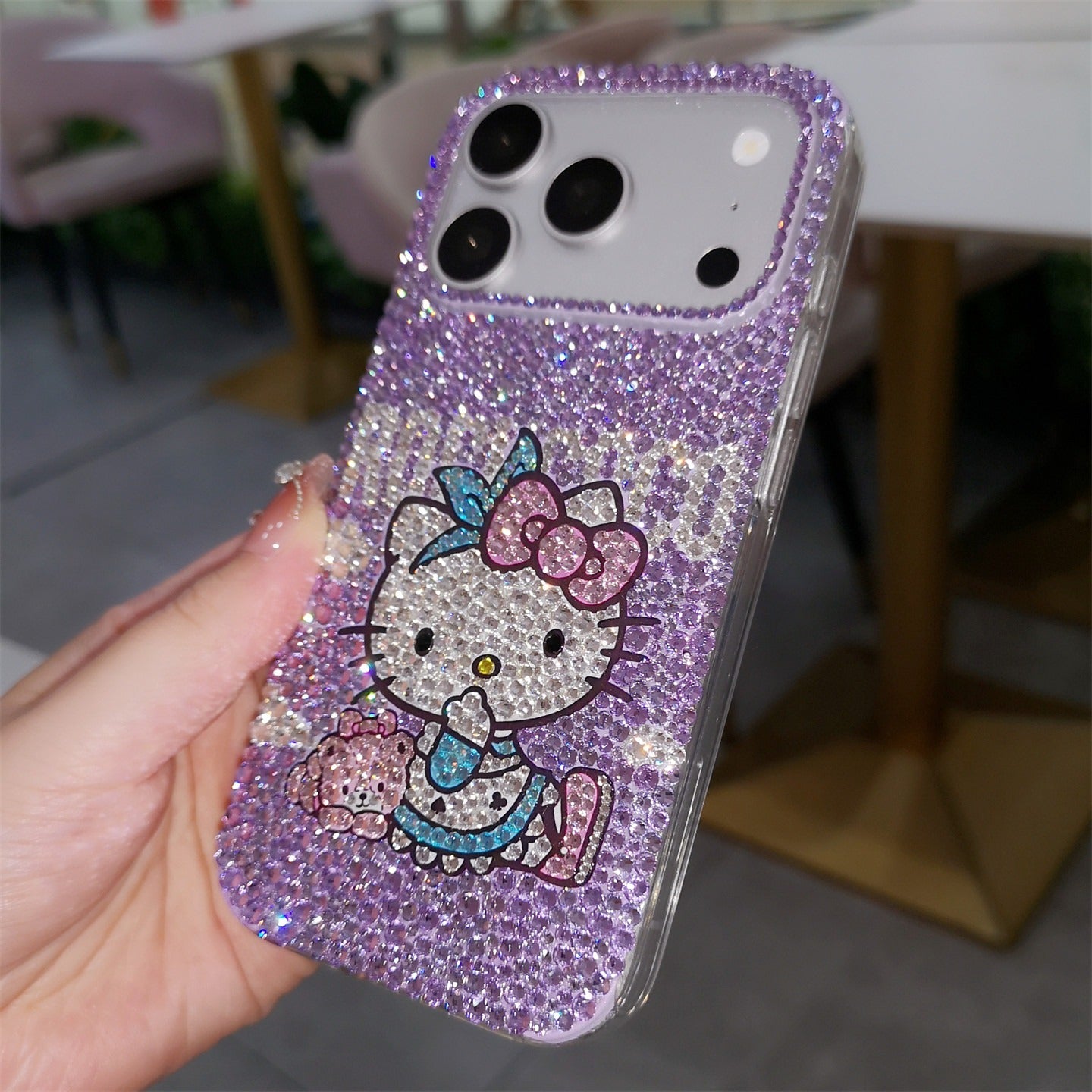 Hello Kitty with Bear Gorgeous Bling Purple Rhinestone Case for iPhone