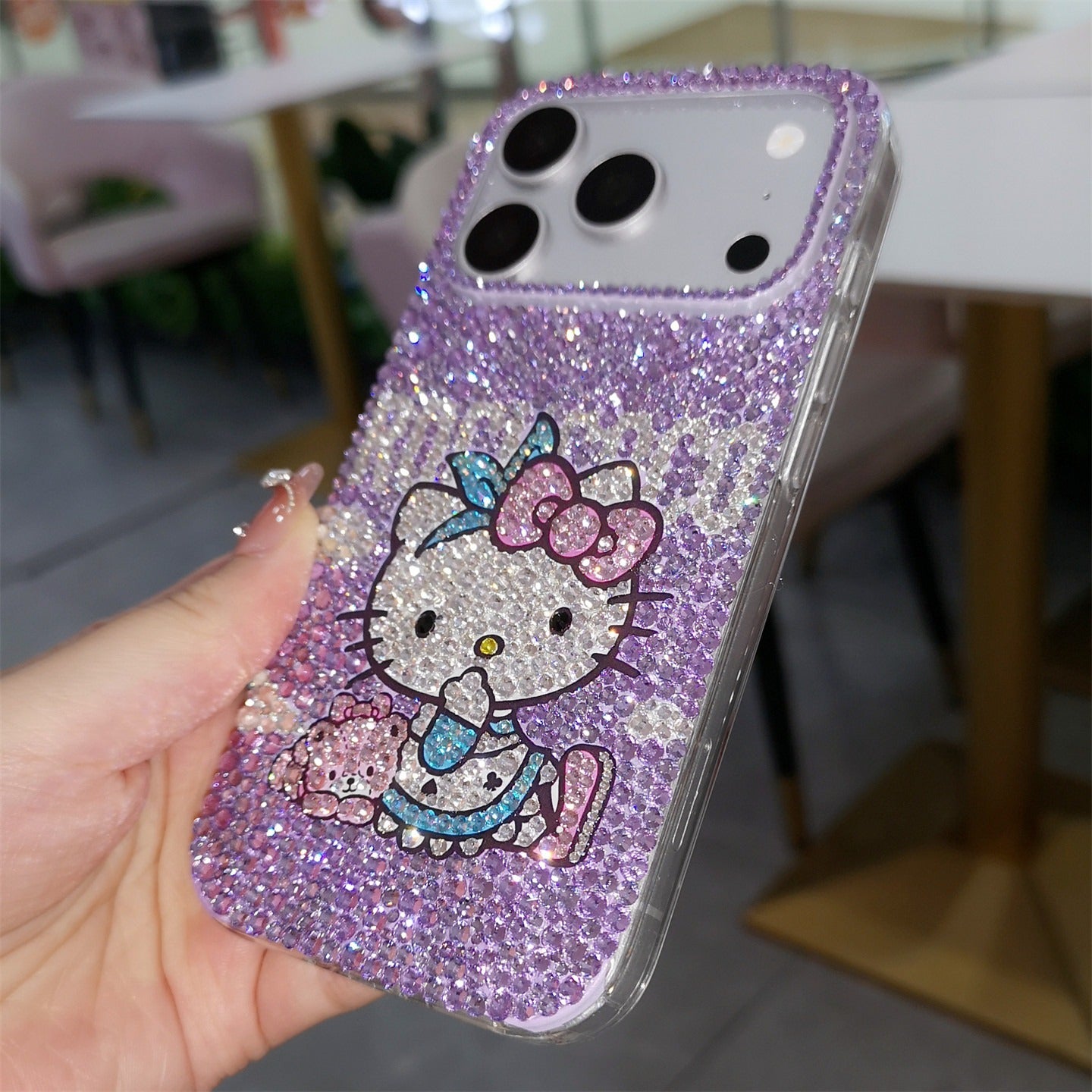 Hello Kitty with Bear Gorgeous Bling Purple Rhinestone Case for iPhone