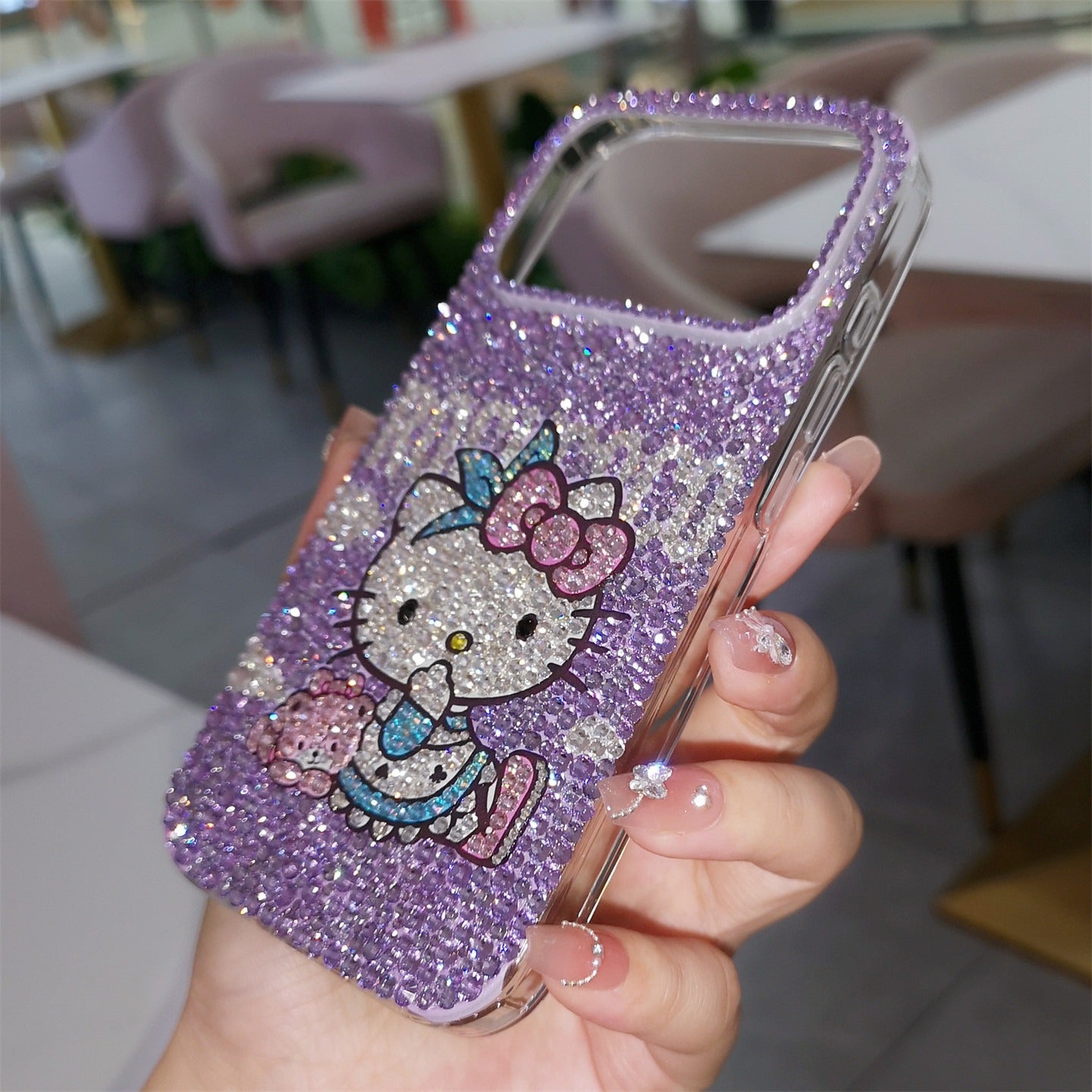 Hello Kitty with Bear Gorgeous Bling Purple Rhinestone Case for iPhone