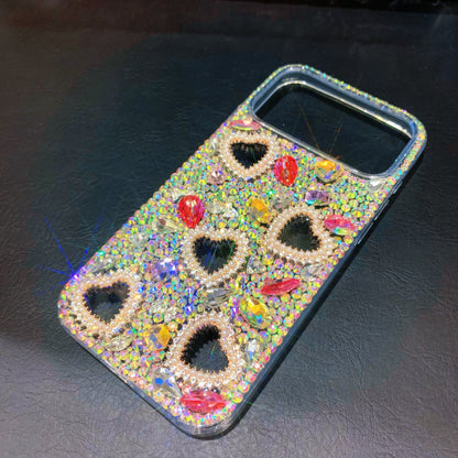 Funda trasera para iPhone hecha a mano de lujo con diamantes de imitación brillantes en forma de corazón
