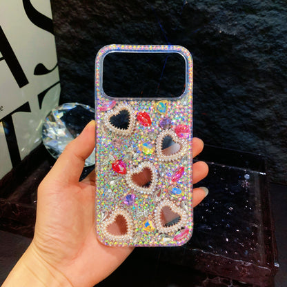 Funda trasera para iPhone hecha a mano de lujo con diamantes de imitación brillantes en forma de corazón