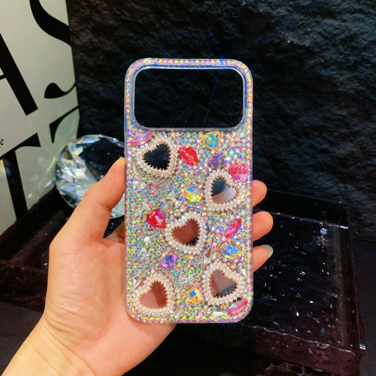 Funda trasera para iPhone hecha a mano de lujo con diamantes de imitación brillantes en forma de corazón