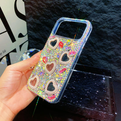 Funda trasera para iPhone hecha a mano de lujo con diamantes de imitación brillantes en forma de corazón